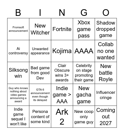 Game awards Bingo Card
