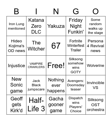 The MOST Delusional Game Awards 2025 Bingo of All Time Bingo Card