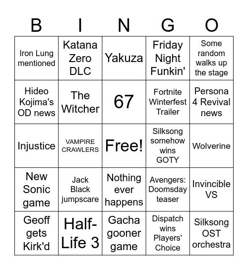 The MOST Delusional Game Awards 2025 Bingo of All Time Bingo Card