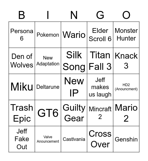 Game Awards Bingo Card