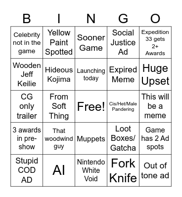 Game Awards Bingo Card