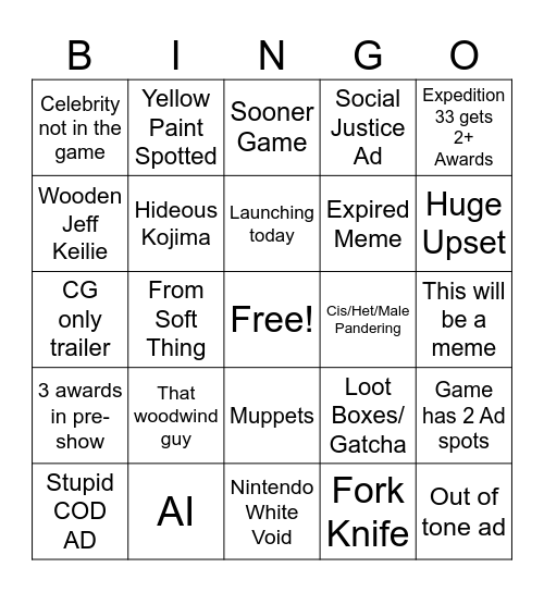Game Awards Bingo Card