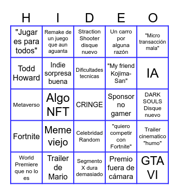 Bingo de los Game Awards Bingo Card