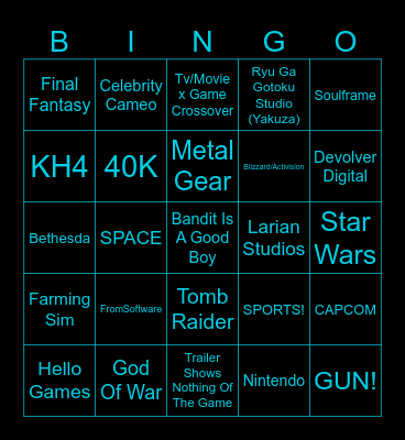 Game Awards 2025 Bingo Card