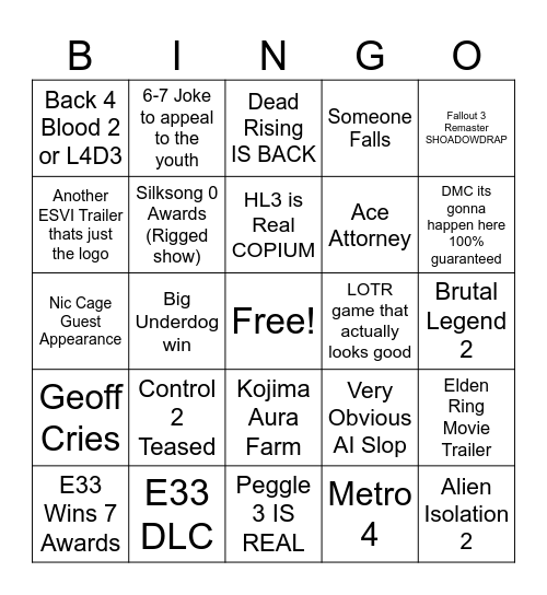 Game Awards Bingo Card