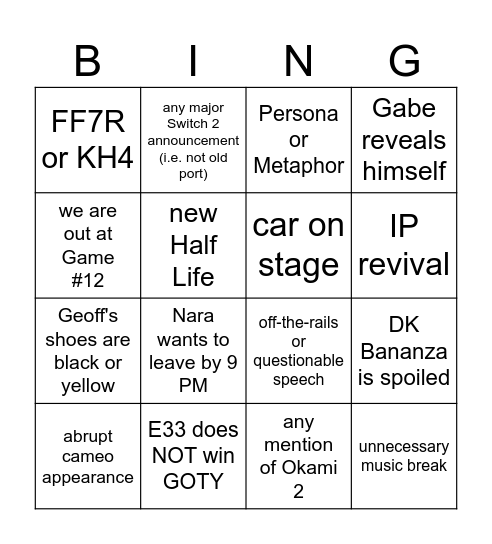 TGA Bingo Card