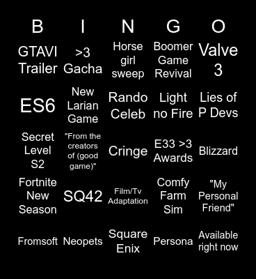 TGA Awards Bingo Card