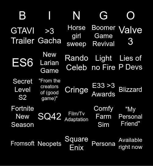 TGA Awards Bingo Card