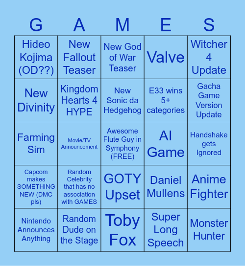 Game Awards Bingo Card