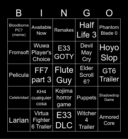 GOTY 2025 Bingo Card