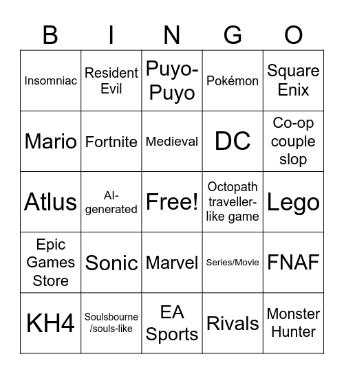 TGA Bingo Card