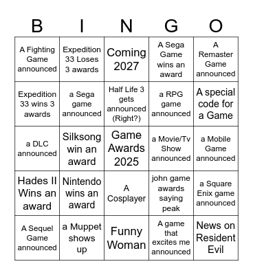Game Awards 2025 Bingo Card