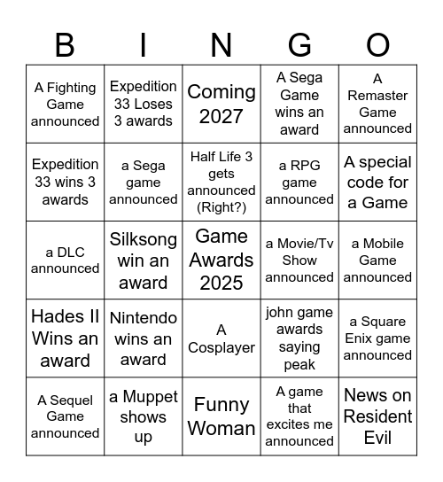 Game Awards 2025 Bingo Card