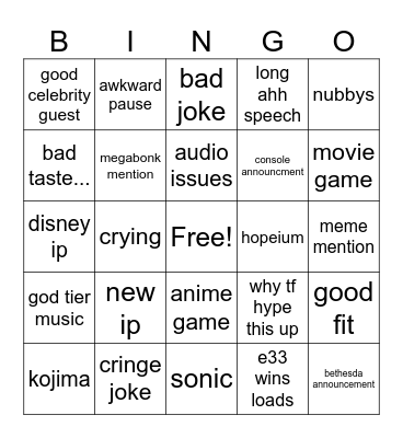 game awards bingo Card