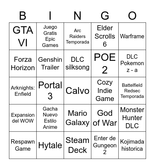 Game Awards 2025 Bingo Card