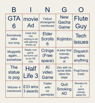 The Game Awards Bahroo Bingo Card