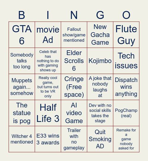 The Game Awards Bahroo Bingo Card