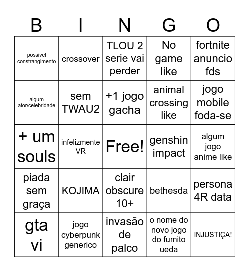 Bingo do game awards Bingo Card