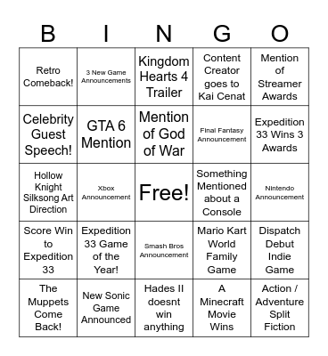 Game Awards Bingo Card