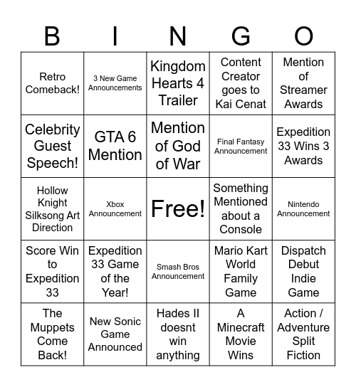 Game Awards Bingo Card