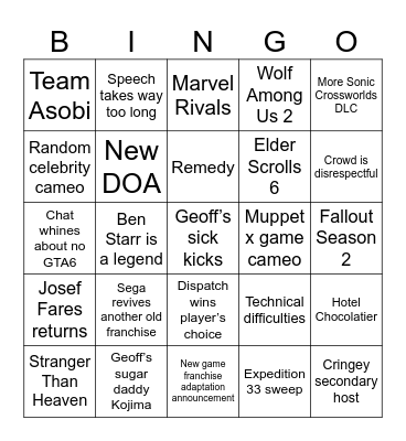 Speed’s Game Awards Bingo Card
