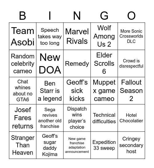 Speed’s Game Awards Bingo Card