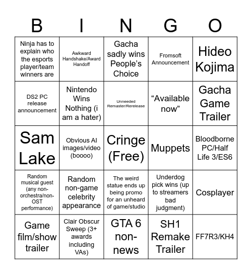 Game Awards 2025 Bingo Card