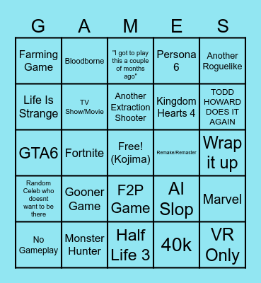 Game Awards 2025 Bingo Card