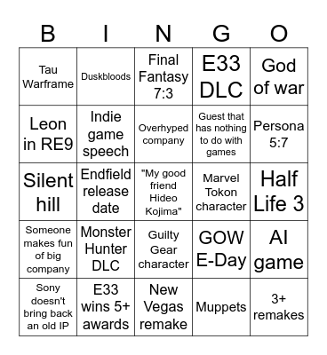 Game Awards Bingo Card