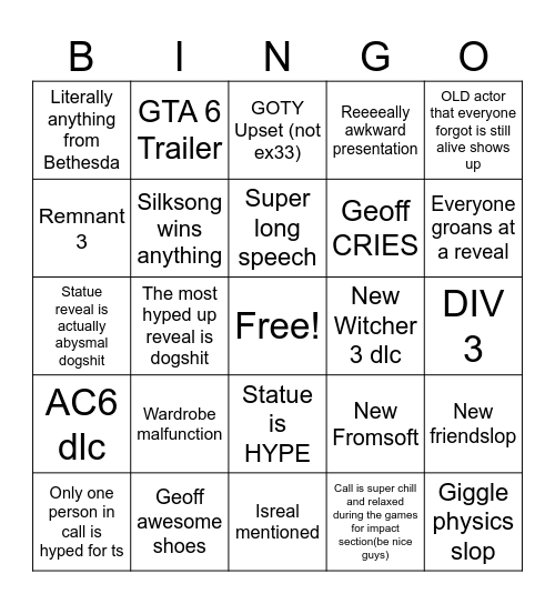 Game Awards 2025 Bingo Card