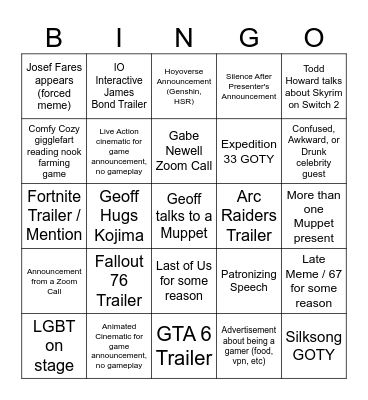 The Game Awards 2025 Bingo Card