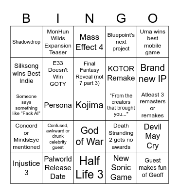 Game Awards 2025 Bingo Card