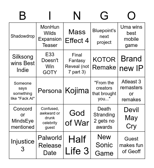 Game Awards 2025 Bingo Card