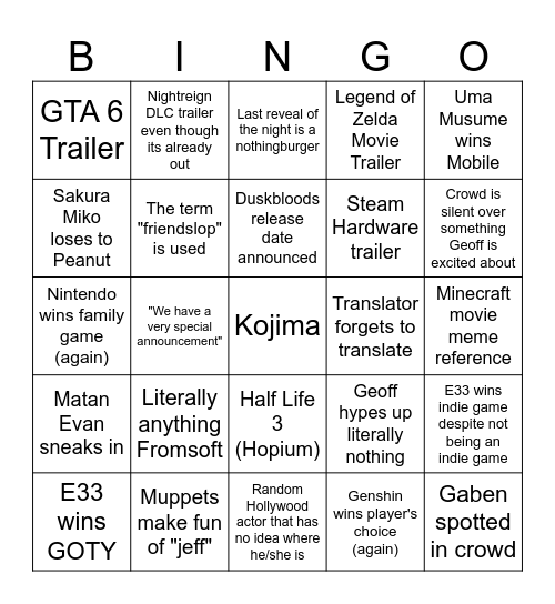 Game Awards Bingo Card