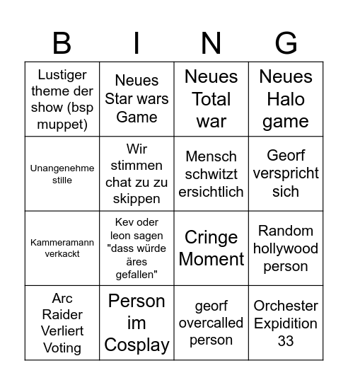 Game awards 2025 Bingo Card