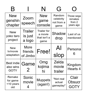 Game Awards 2025 Bingo Card