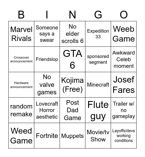 Game of the year Bingo Card
