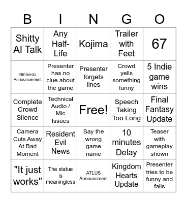 Game Awards 2025 Bingo Card