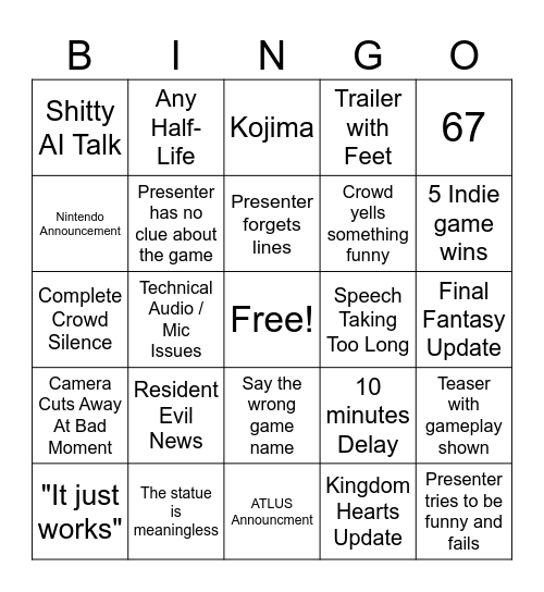 Game Awards 2025 Bingo Card