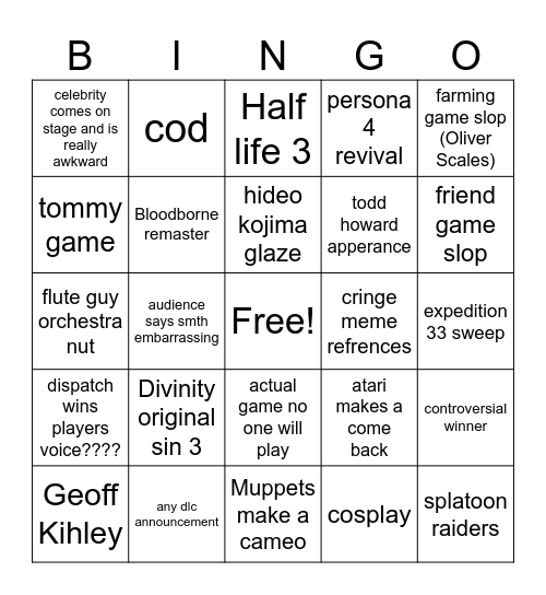 Game awards Bingo Card
