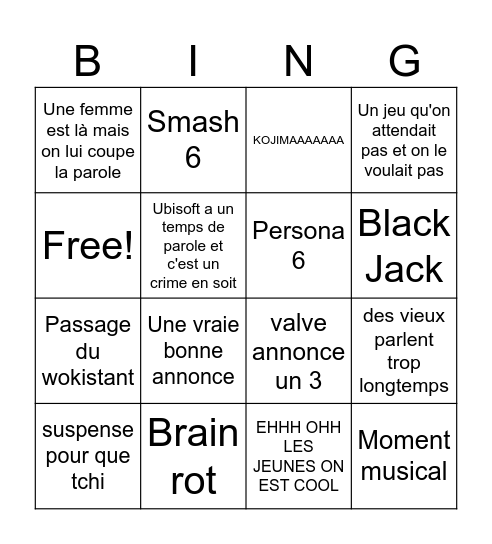 Game award du cul Bingo Card