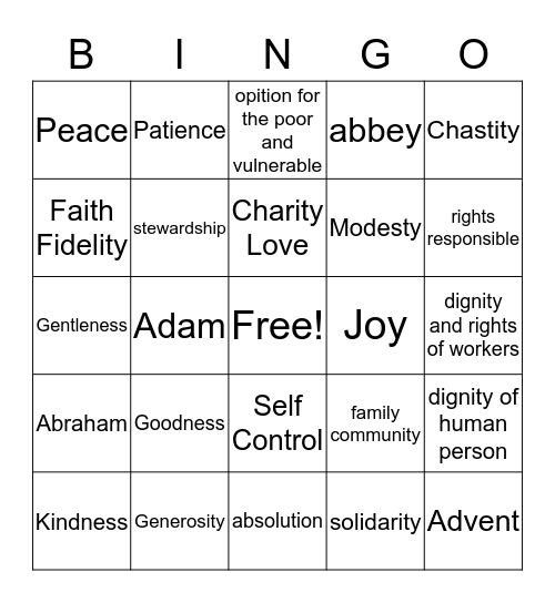 Catholic Social Teaching/Fruits of the Holy Spirit Bingo Card