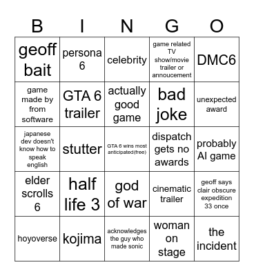 TGA bingo Card