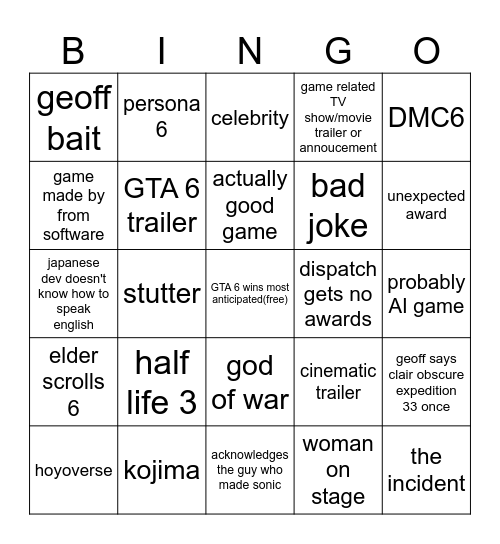 TGA bingo Card