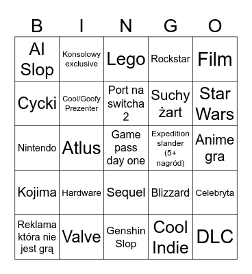 Game Awards Bingo Card