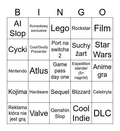 Game Awards Bingo Card