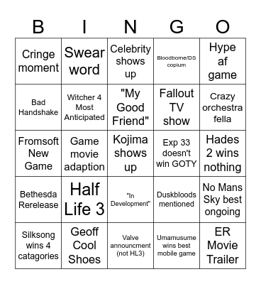 Game Awards 2025 Bingo Card