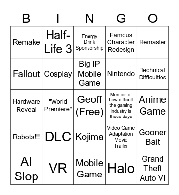 The Game Awards Bingo Card