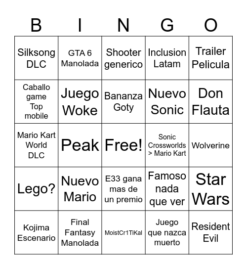 Game Awards Bingo Card