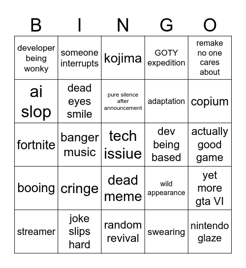 game of the year Bingo Card